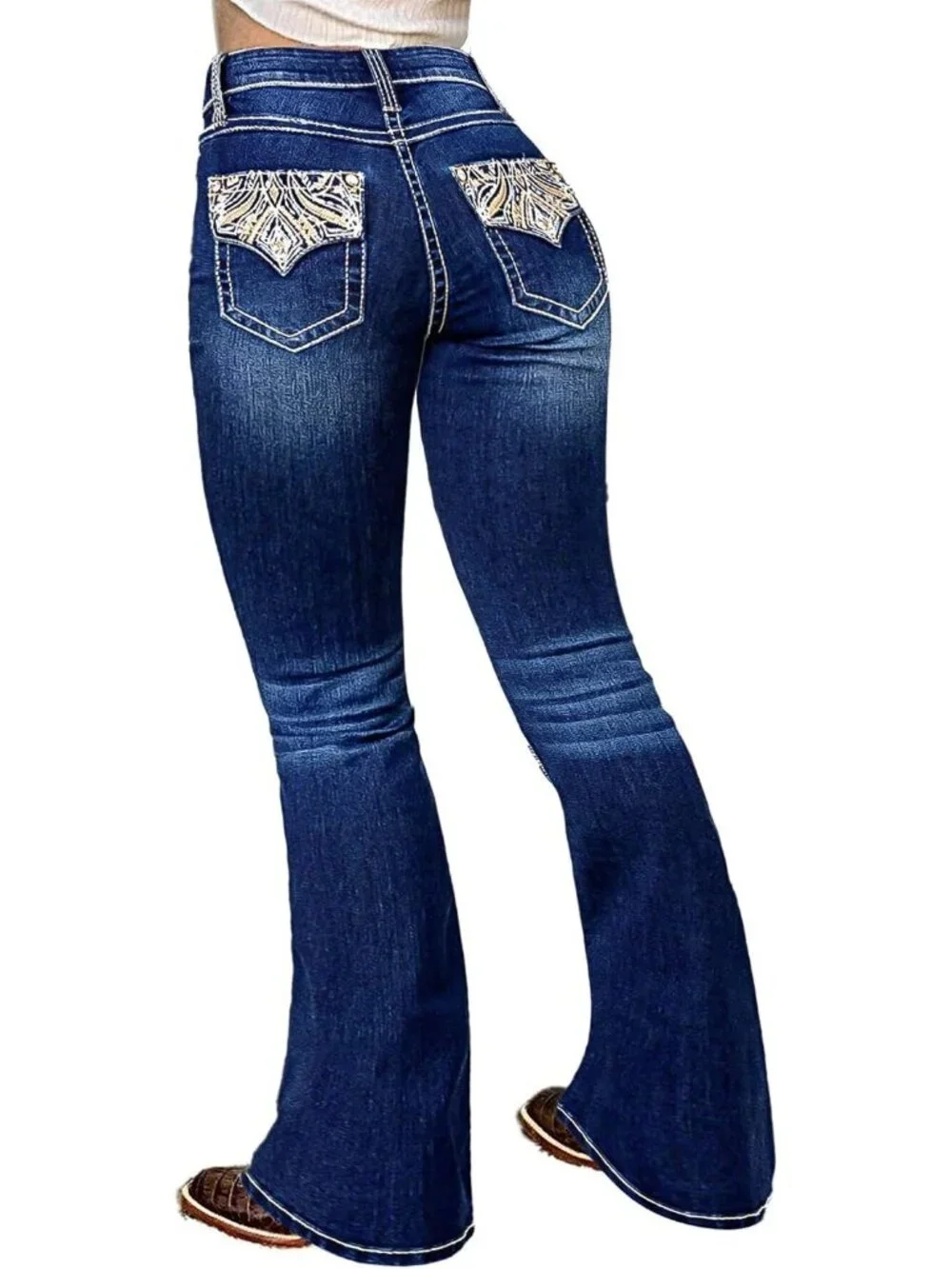 Women's Navy Dark Blue Pull On Mid Rise Flare Leg Zipper Lifting Bootcut Jeans